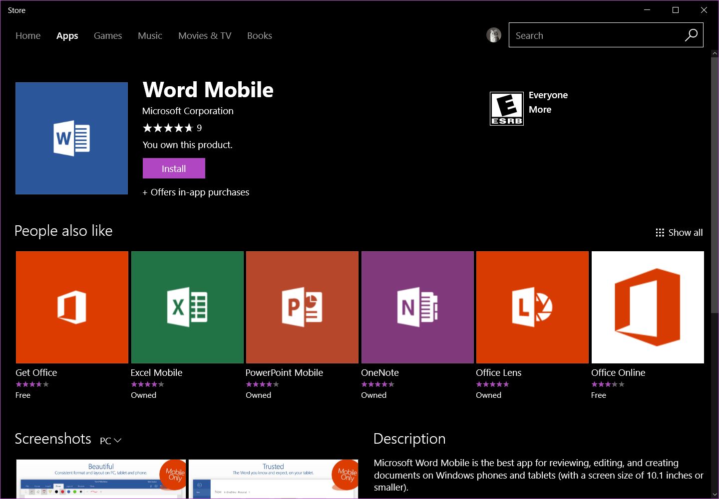 Office Mobile Apps in Windows Store (2017)